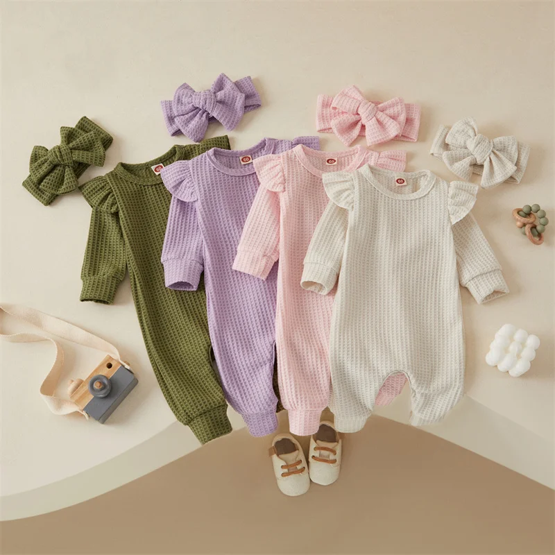 

Tregren Infant Baby Girl Fall Waffle Romper Solid Color Ruffled Long Sleeves Round Neck Full Length Jumpsuit with Bow Headband