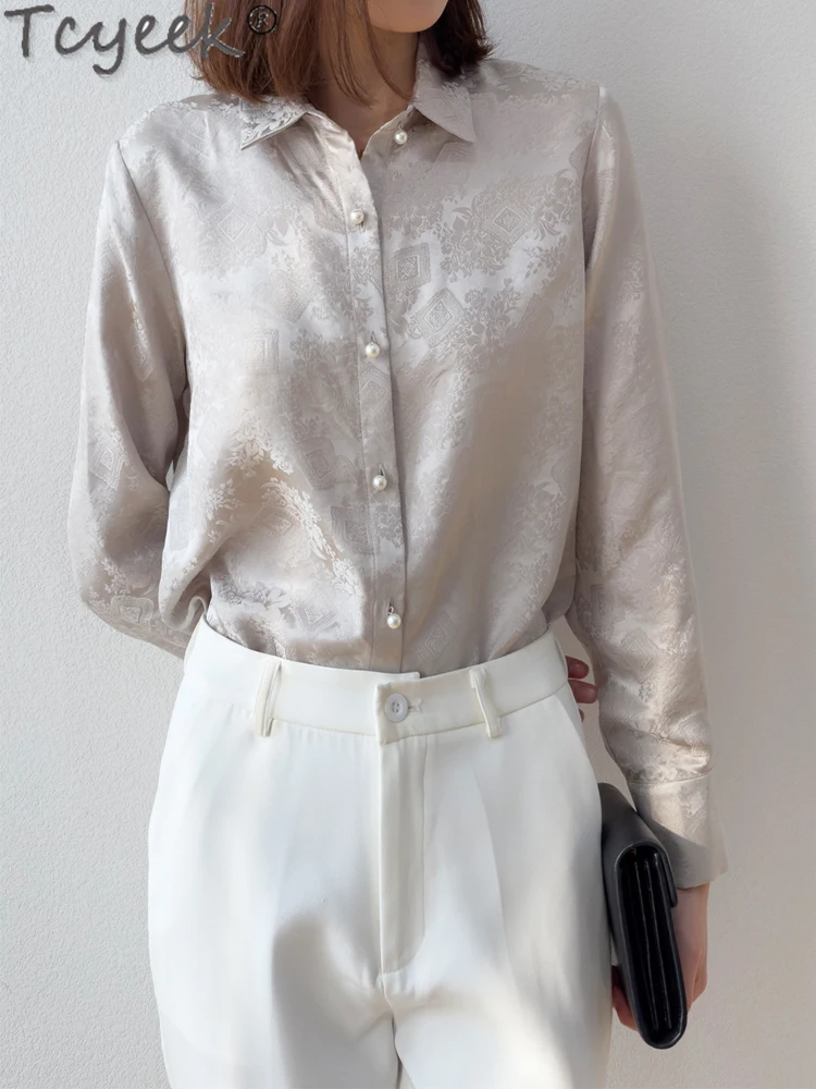 

Tcyeek 100% Mulberry Silk Shirts for Women 2024 Women's Elegant Shirts Summer Long Sleeve Top OL Style Shirt Camisa Feminina