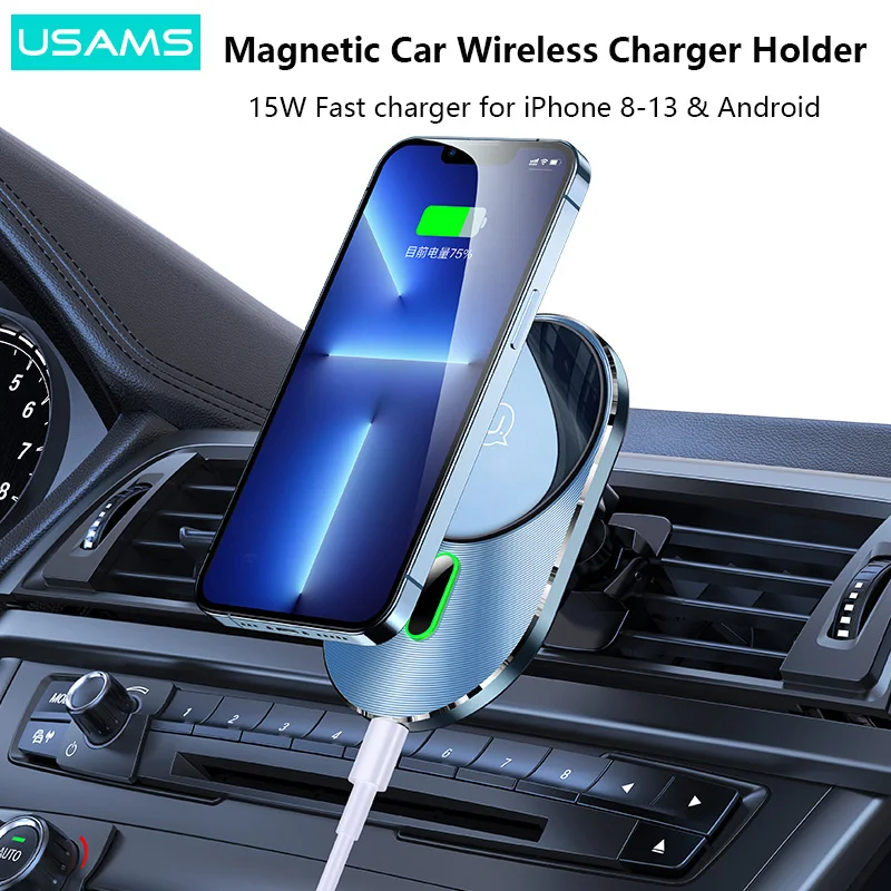 USAMS Magnetic Car Wireless Charger for iPhone 13 12 11 pro 15W Fast Charging Phone Holder for Xiaomi Samsung Huawei Honor