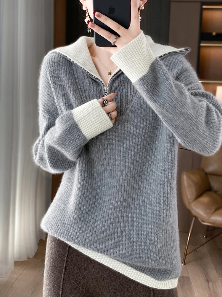 

High Lapel Half Zipper Pullover Sweater Women's Autumn Winter Loose Lazy Thick Color Matching Knitted Sweater Female Jumper Tops