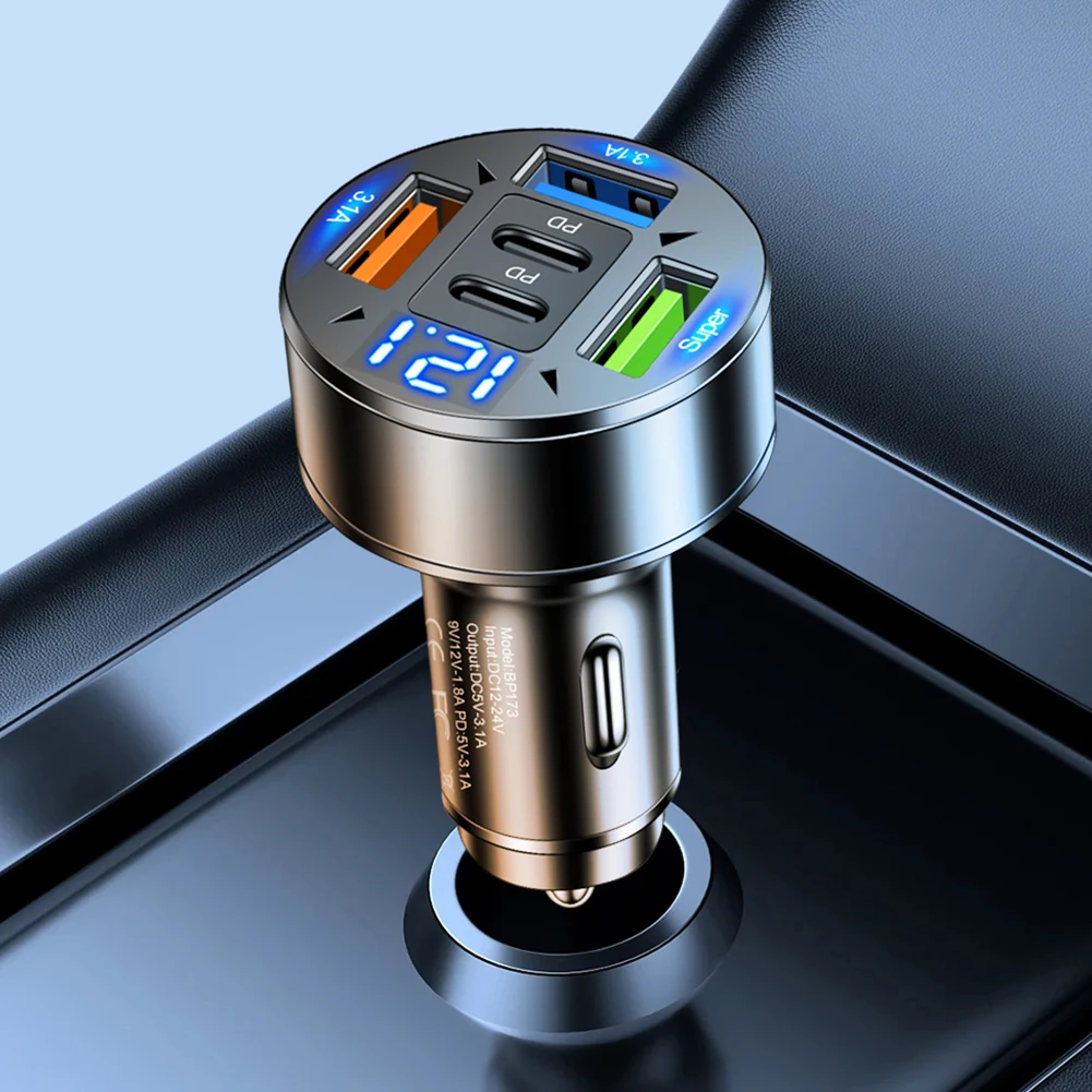 Cargador de coche de 100W y 5 puertos, carga rápida PD QC3.0 USB C, adaptador de cargador de teléfono para coche con voltaje de 12V-24V, encendedor de cigarrillos para coche