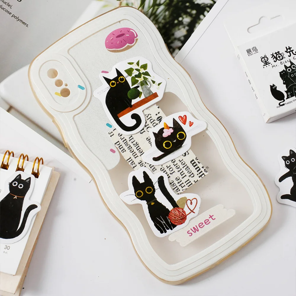 Mr. Paper 46pcs/Box Kawaii Black Cat Stickers Items Decoration DIY Handbook Stickers Boxed Cute Stickers Korean Stationery