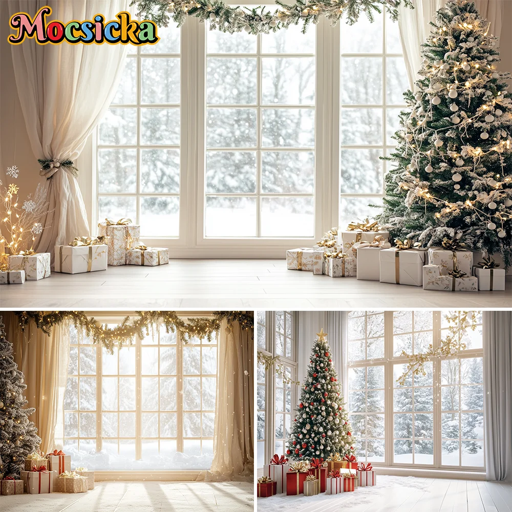 

Photography Background Winter Christmas Beige Indoor French Window Gift Kids Family Portrait Decor Backdrop Photo Studi