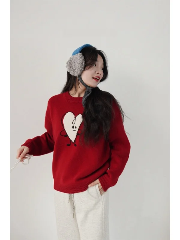 

VEENJOY Luy Heart Tower Новогодний цветной свитер свободного кроя с круглым вырезом, теплый шерстяной, с длинными рукавами, для повседневной носки, осень-зима