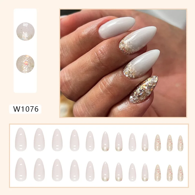 

24Pcs Long Almond Press on Nails - Champagne Color with Creamy White Base & Gold Glitter | Luxurious Minimalist Style