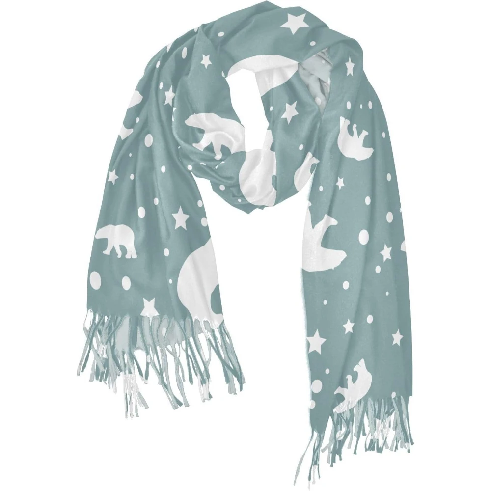 

Кашемировые шарфы с белым медведем для женщин, зимние теплые, холодная погода с кисточками, зимние снежинки, белые медведи и звезды, очень большие