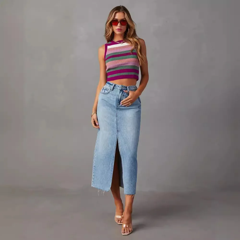 

Cross-border Women's Europe United States INS High-waisted Fall Half Dresses Paragraph Package Hip Open Denim Half-body Skirts