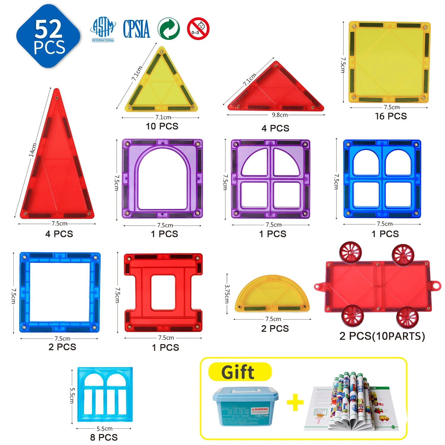 Romboss 52PCS 7.5cm Magnetic Construction Building Blocks Sets Montessori Educational Toys Christmas Gifts for Puzzle Building