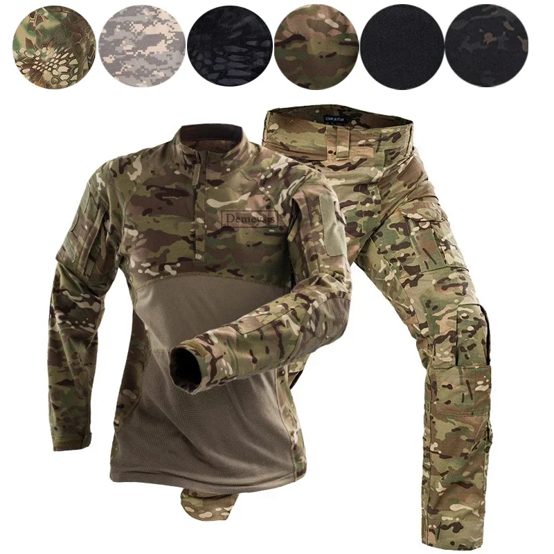 

Tactical Uniform Outdoor CS Game Combat Shirt + Cargo Pants Camouflage Paintball Hunting Clothing Woodland