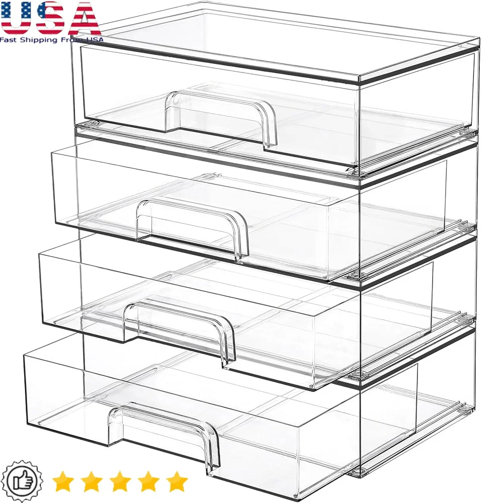 

Clear Stackable Storage Drawers 4 Pack Acrylic Organizers Makeup Bins Bathroom Kitchen Organizing Dust-Free Non-Slip Container