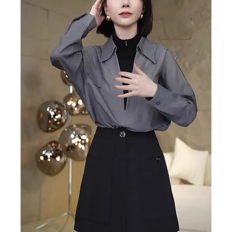 

Spring Autumn New Women's Polo-Neck Contrast Color Zipper Spliced Long Sleeve Fashion Loose Fake Two Pieces Casual Shirt Blouse