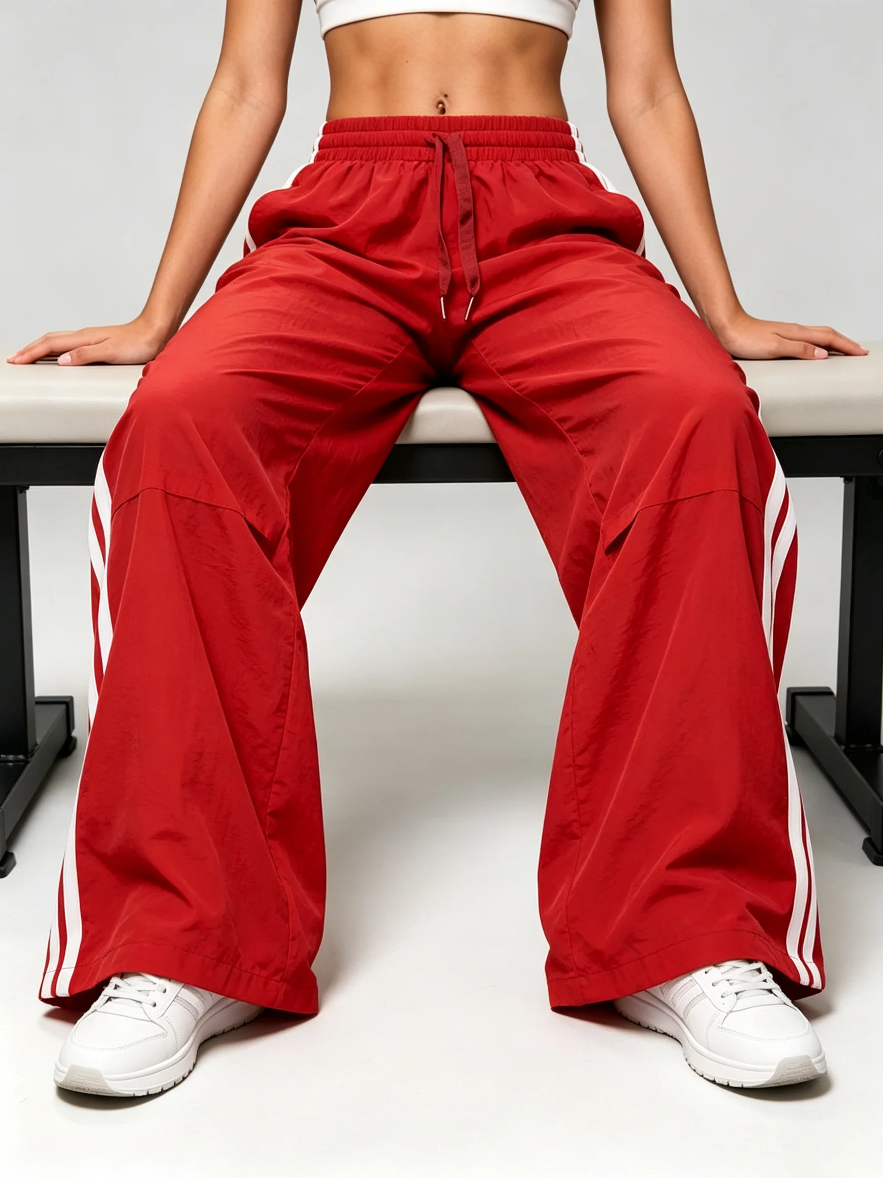Gestreifte Damenhose, locker geschnitten, mit elastischem Bund und Kordelzug, gerade Beine, lässige Jogginghose, niedriger Bund, weit geschnittene Hose für Outdoor-Sportarten – Detail 6