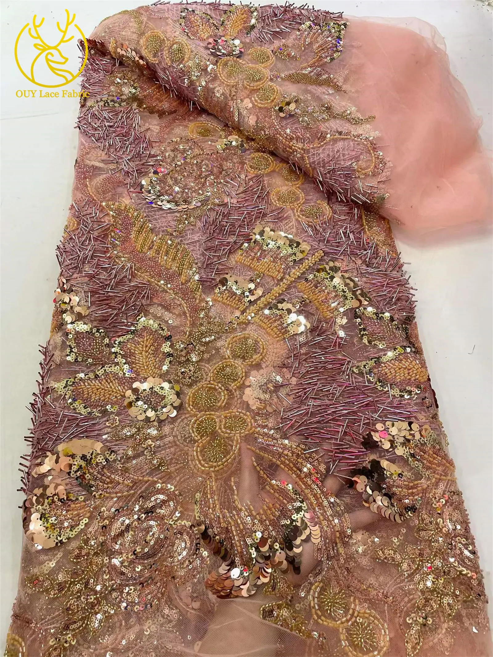 2026 Neuer Stil Luxuriöses Blumen-Perlen-Pailletten-Spitzendesign Hochwertiger Afrikanischer Spitzenstoff für Damen Hochzeitskleid Partykleid Nähen – Detail 10