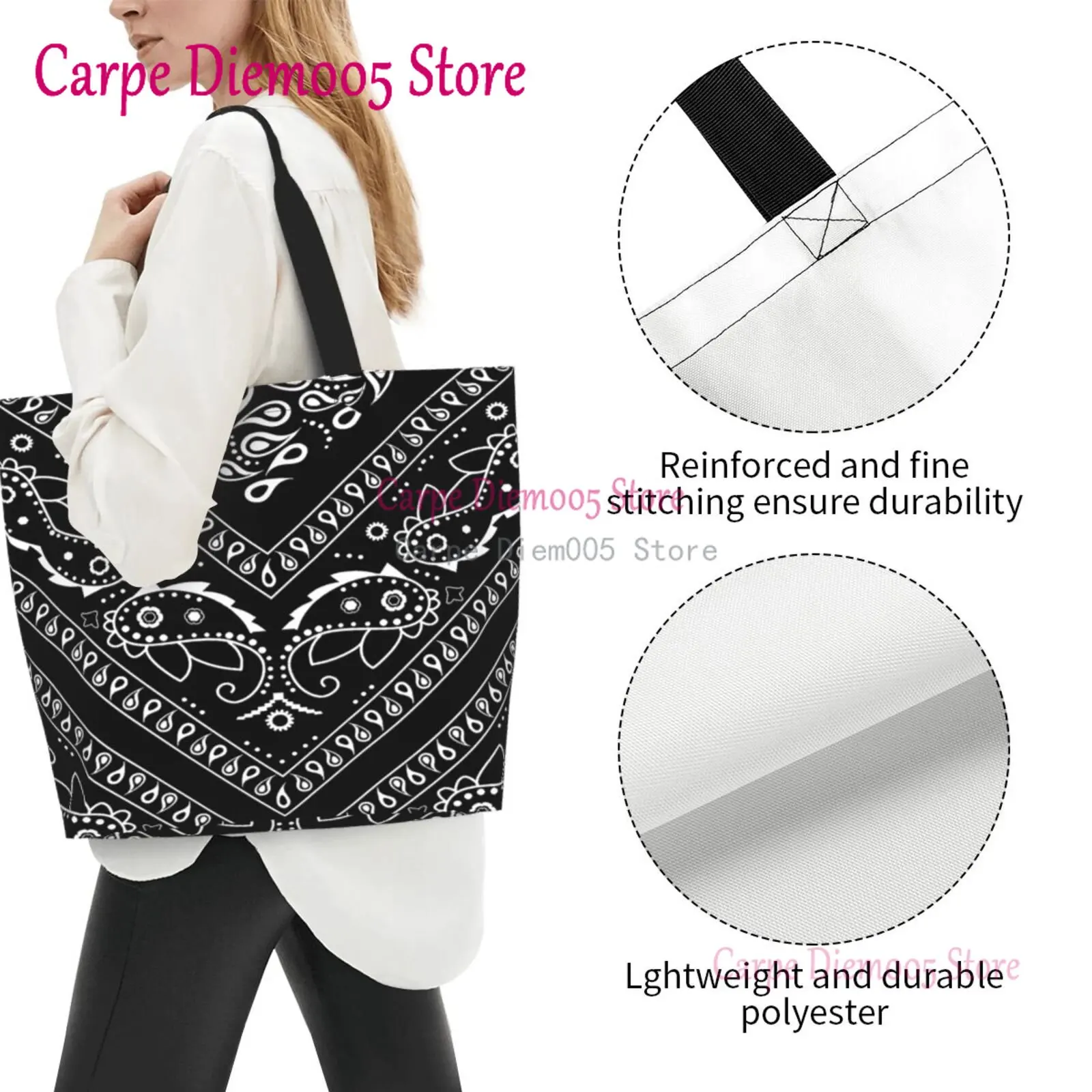 Black And White Paisley Chicano Bandana Style Large Capacity Shopping Grocery Tote Bag For Ladies