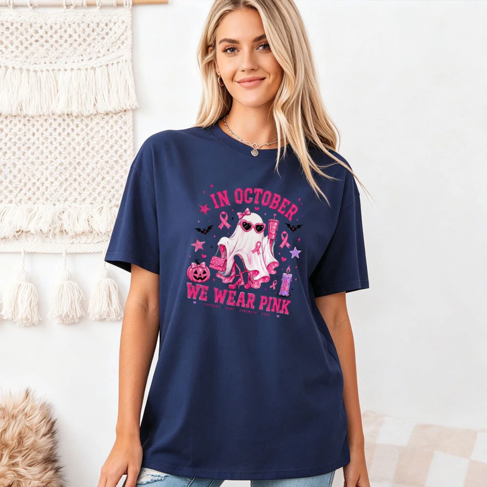 In October We Wear Pink Ghost Graphic Tee Pink Ribbon Breast Cancer Survivor Fighter Halloween October Short Sleeve T-shirt