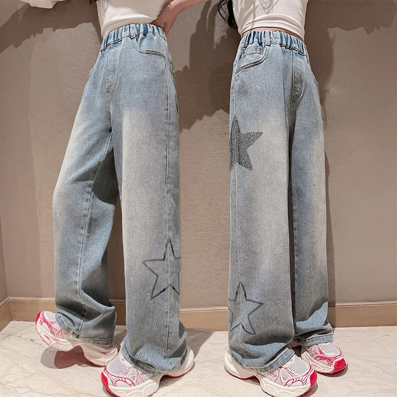 Girl Jeans Hot Diamond Five pointed Star Wide Leg Pants Casual Loose Young Children Wide Leg Pants Teenager School Kids Trousers