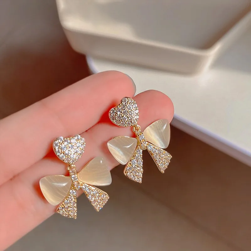 High Quality Hot Brand Anniversary Gifts Luxury Jewelry Earrings For Women Zircon Bowknot Wedding Sweet Cute Bow Ear Pin