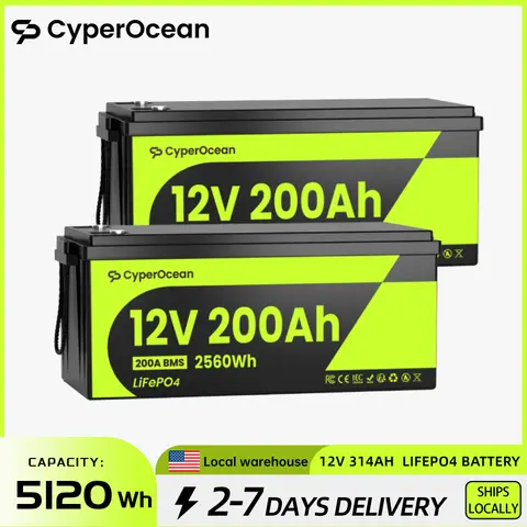 CyperOcean 12V 200Ah LiFePO4 Battery 2 Packs, Built-in 200A BMS, 15000 Cycles, 2560Wh,Low Temp Protection Lithium Iron Phosphate Battery for Home Energy, RV, Trolling Motor, Marine, Solar, Camp, Boat, Solar System, Off-Grid