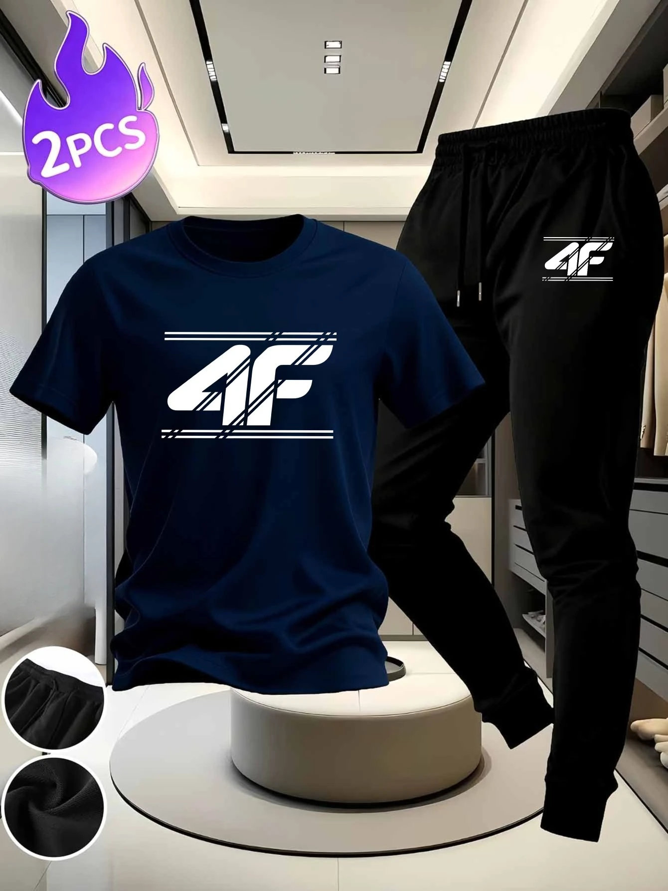 

2026 new Men's casual suit Pure cotton white t-shirt black pants 4F letter pattern. Suitable for daily exercise and home wear