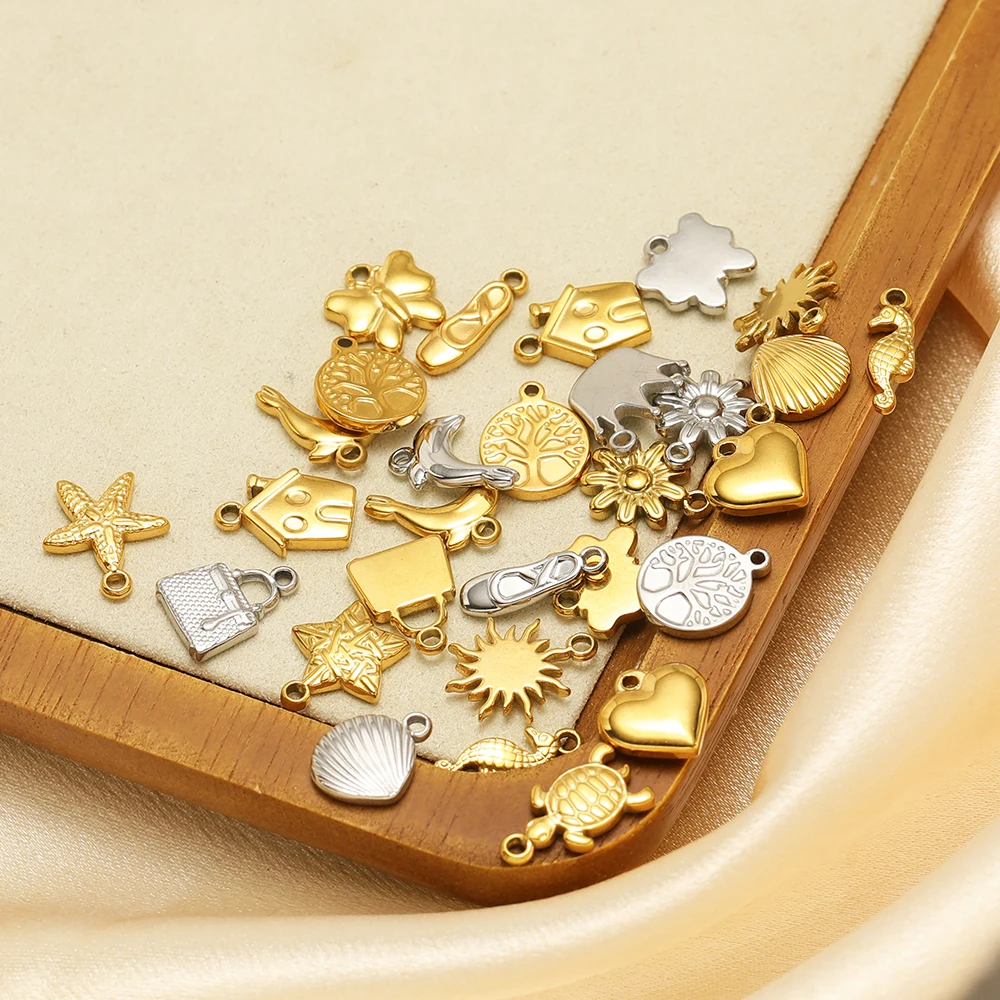 5 Stück Edelstahl-Anhänger in Form von Sonnenblume, Delfin, Haus, Seepferdchen, Seestern für DIY-Schmuckherstellung von Halsketten, Armbändern und Ohrringen – Detail 5