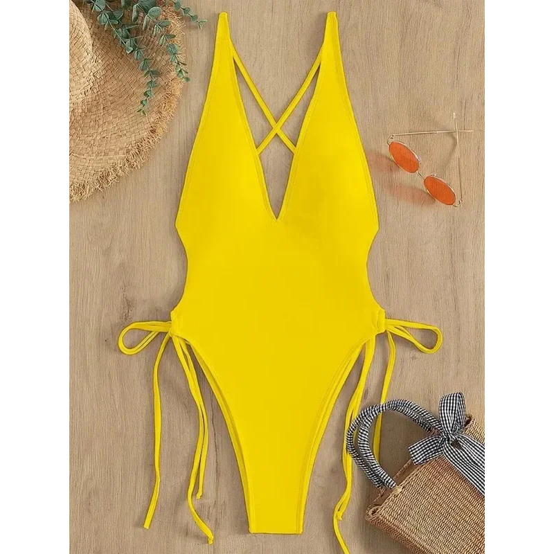 Fashion Solid Deep V Neck One Piece Swimsuit Women Yellow White Hollow Out Pleate Swimwear Beach Bandage Bathing Suit Monokini