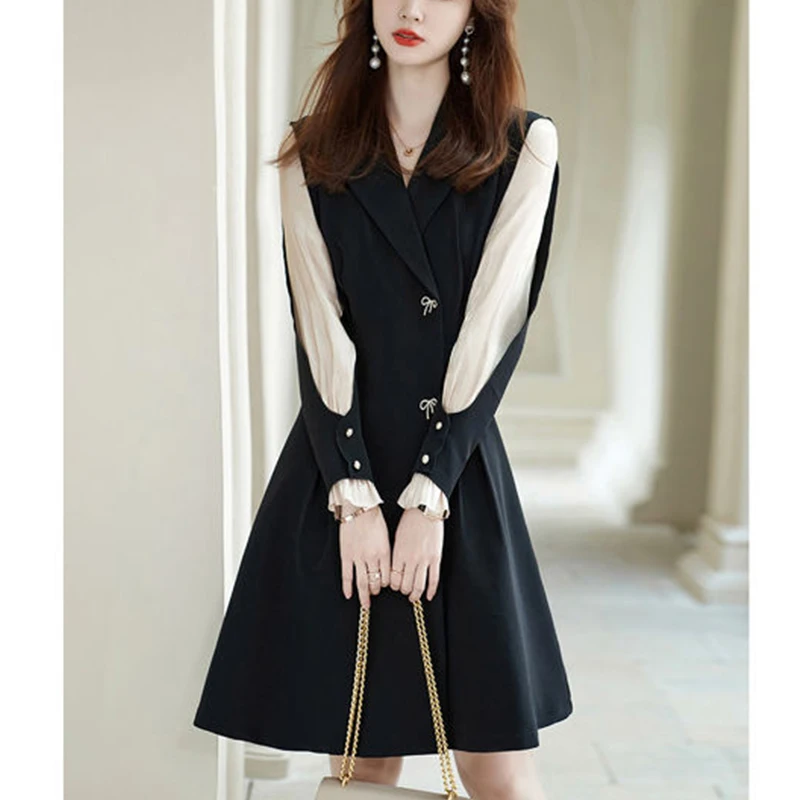 Spring Autumn Patchwork Elegant Waist Dress Ladies Korean Fashion Chic Buttons A-line Robe Vestidos De Fiesta Women\'s Clothing