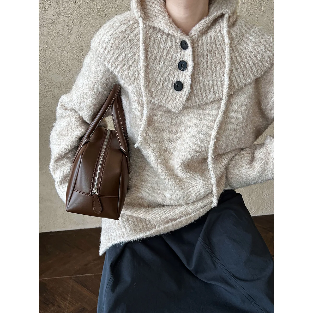 

Casual Lazy Style Sweater Detachable Hooded Knitted Shirt for Women 2025 Autumn New Two Piece Set Top Ss602