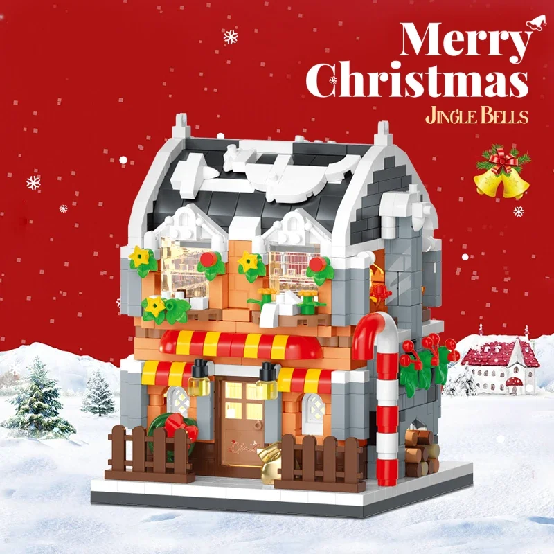 Christmas Street Scene Building Blocks Candy House Cafe Gift House Book Store Model Bricks Set Kids Chitstmas Gifts giocattoli fai da te