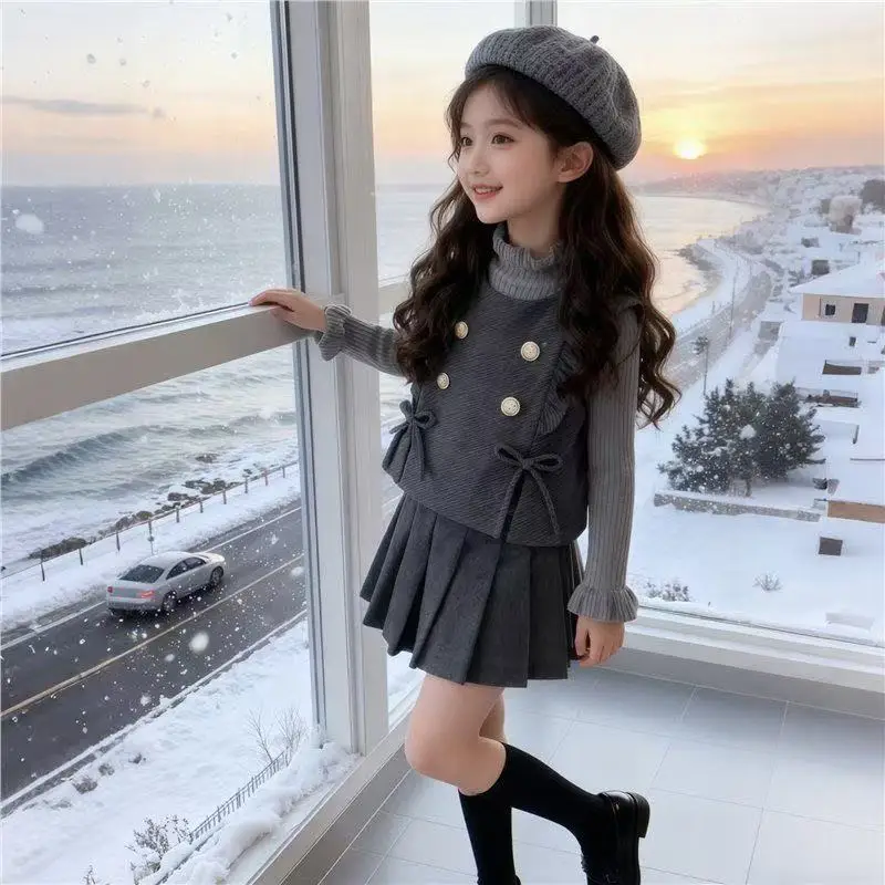 2 Pcs Girls Jacket Skirt Set Thickened Winter Children Wool Coat Cotton Princess Skirt Fashion Toddler Kids Christmas Clothes