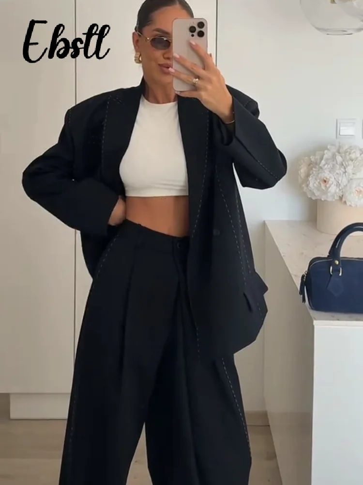 

Повседневные шовные пиджаки, комплект пальто и брюк, женские свободные двубортные подплечники, пиджаки, широкие брюки, новинка 2023 года, наряды