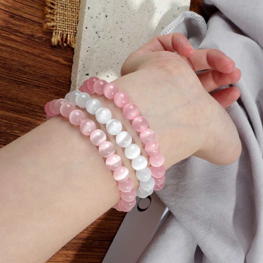 

Women's 8 mm Lucky Stone Cat Eyes Stone Round Bead Sweet Girl Love Stone Bracelet Pink Blue Green Stretch Bangles Accessories