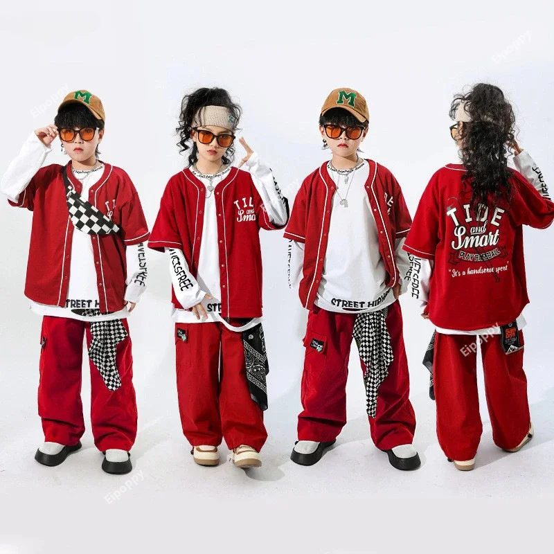 Boys Hip Hop Baseball Coat Cargo Pants Girls Red Bomber Sport Jacket Child Street Dance Costume Kids Streetwear Jazz Clothes Set