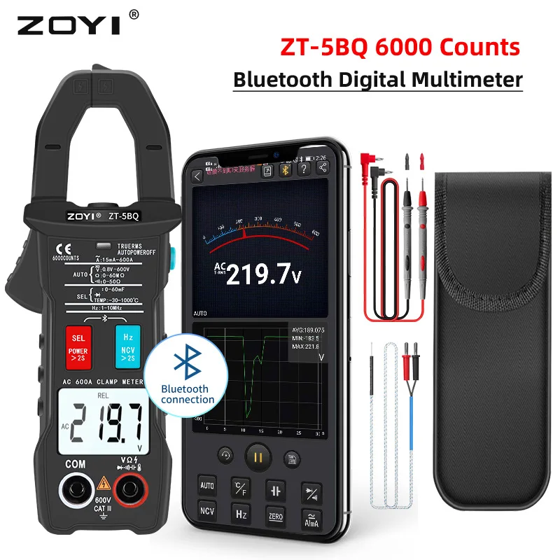 Zoyi Braçadeira tipo Multímetro Capacitância Freqüência Zt5bq 6000 Contagem Ncv Teste Digital Smart Clamp Meter com bt Função True Rms