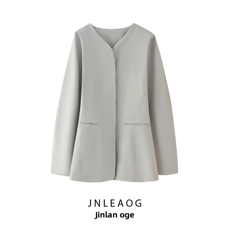 

Модный женский костюм-джат JNLEAOG с застежкой на талии, круглый дизайн с волнистыми плечами, длинный свеч V-Ne, повседневный полиэфирное волокно