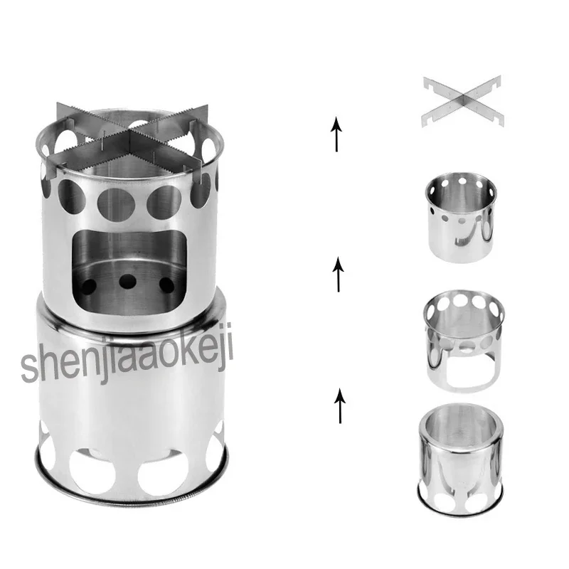 Multi-Purpose Camping เตาย่างสแตนเลสกลางแจ้ง Windproof เตาเผาไม้/เตา + ชุดหม้อ Combo ชุด 1 ชิ้น