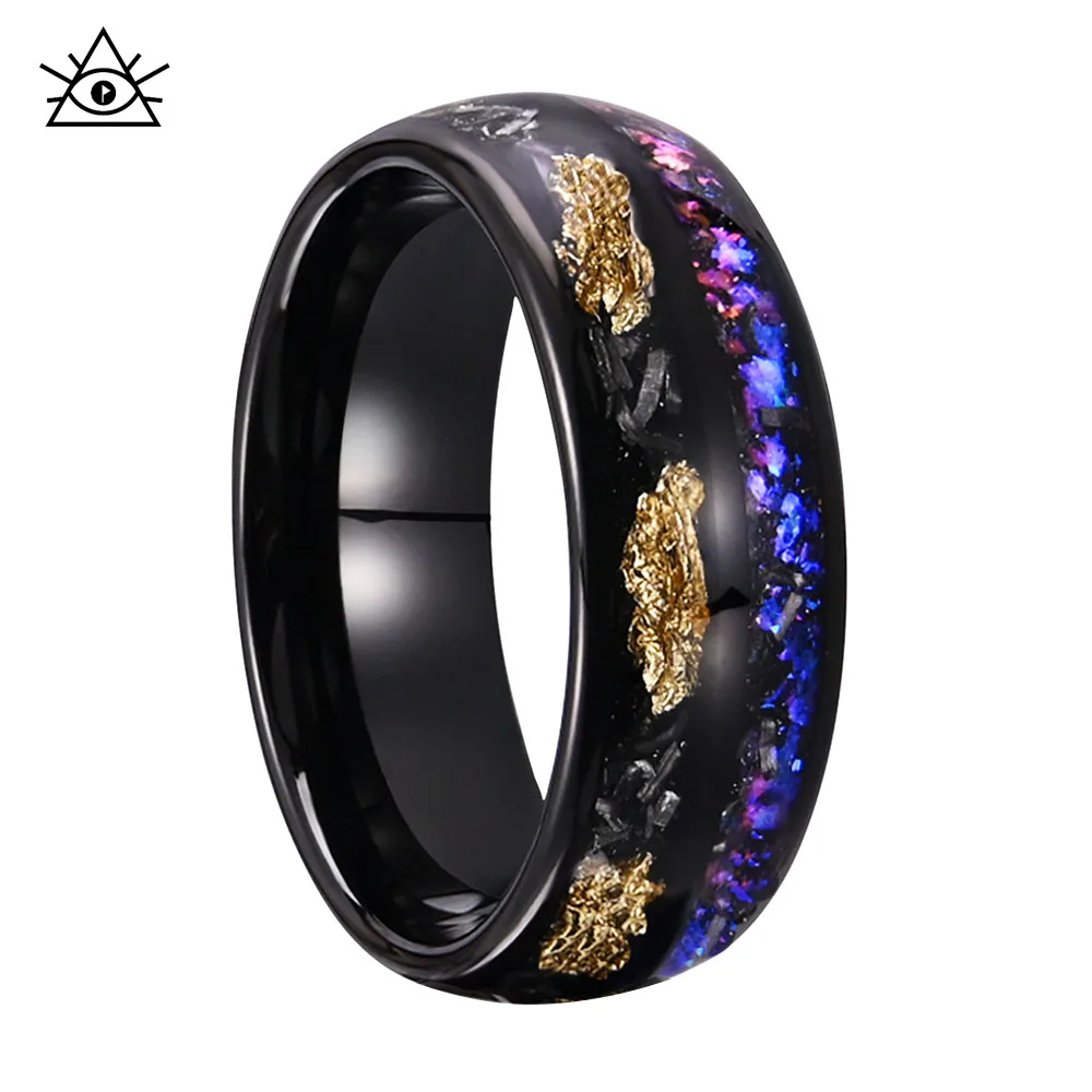 

Black Tungsten Steel Inlaid With Golds Foil Meteorite Opal Rings For Men And Women, Featuring Cosmic Debris Jewellery Engagement