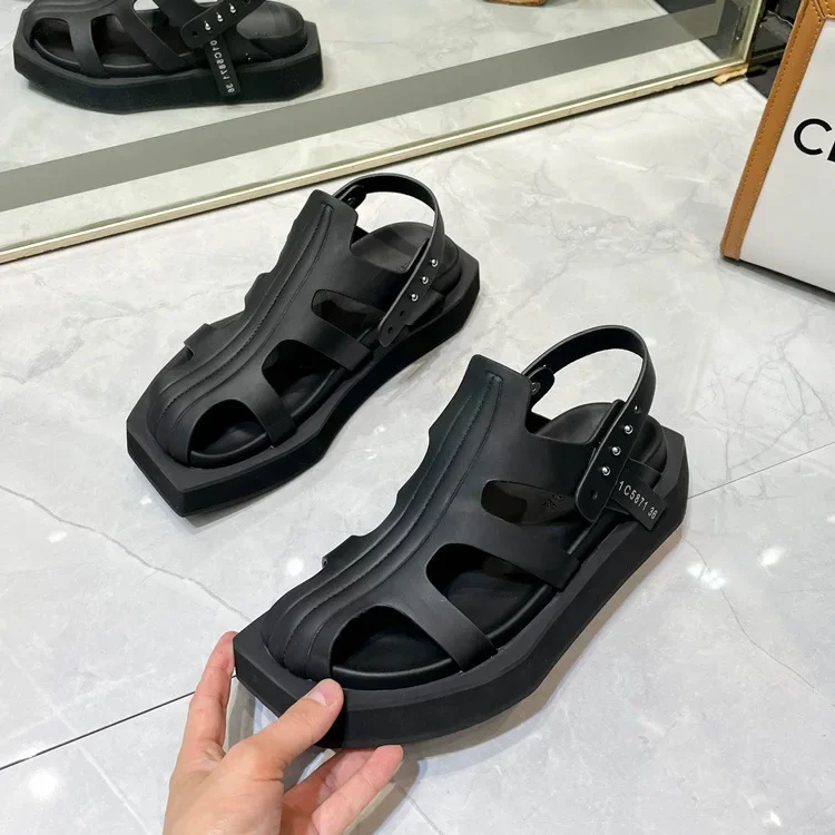 2025 Summer New Style Mid-Tube Mesh Sandals Boots Women's Genuine Leather Hollow Thick Bottom Open Toe Flat Bottom Roman Sandals
