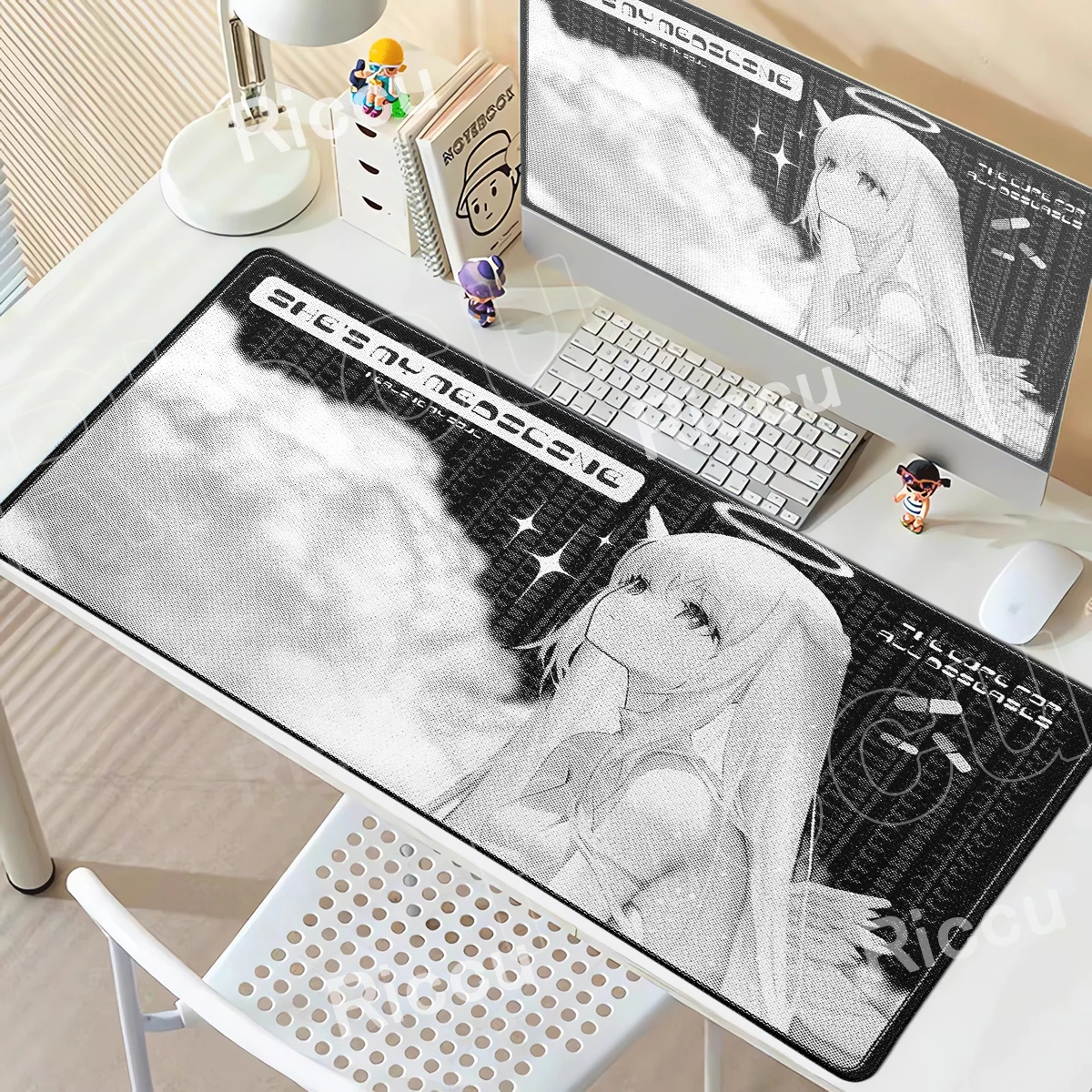 Angel Mousepad Black White Cute Anime Girl Rubber MouseMat Kawaii Gaming Deskmat Large Anti-Slip Art Design Mat Desk Accessories