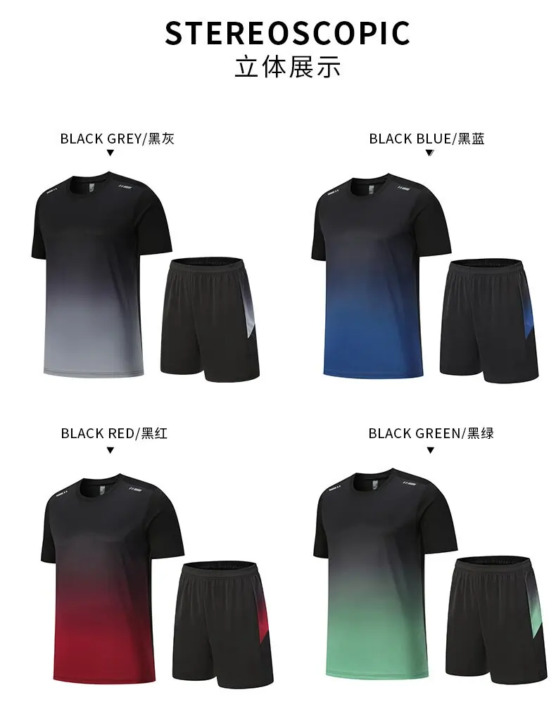 Men Quick Dry Sports 2‑Piece Tracksuit, Gradient Short Sleeve T‑Shirt + Shorts, Breathable Fitness Running Athletic Outfit