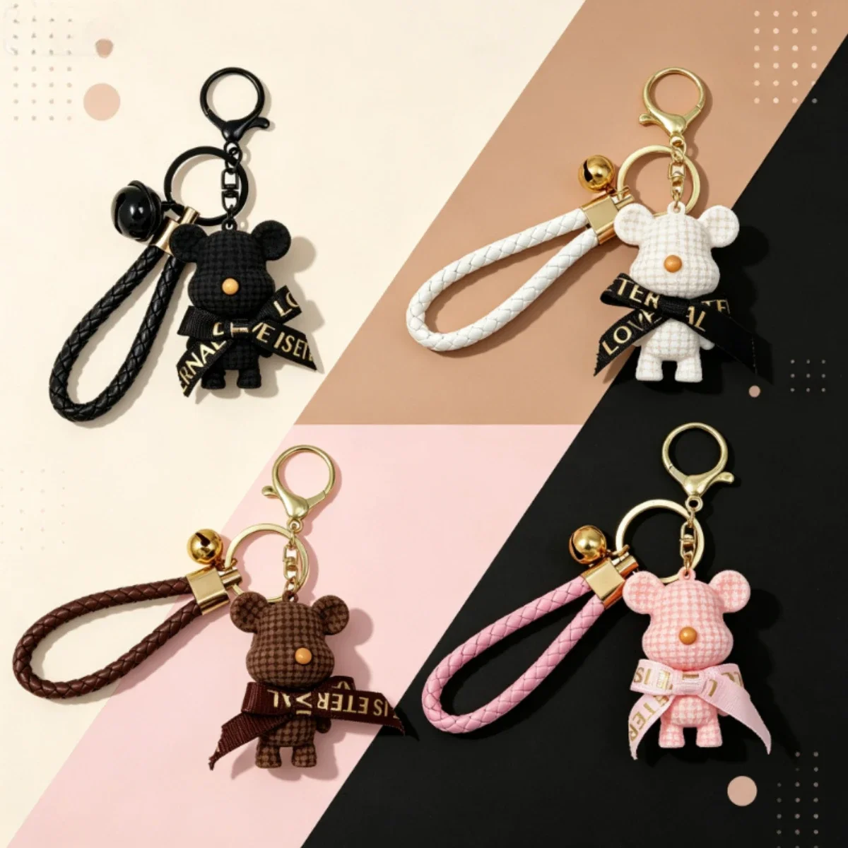 Cute Waffle Bear Keychain With Letter Bow Braided Wrist Strap Bell Bag Charm Sweet Gift For Teen Girls Women Soft Girl Aesthetic
