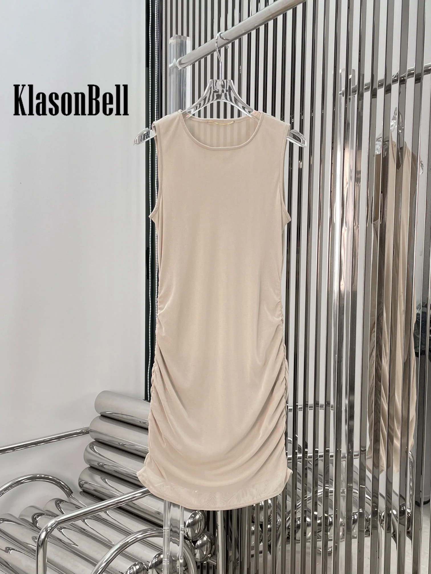 7.18 KlasonBell Women Sexy Sheer Crepe Ruched Sleeveless Dress 2024 New Summer Stretch Slim Thin Mesh Package Hip Dress