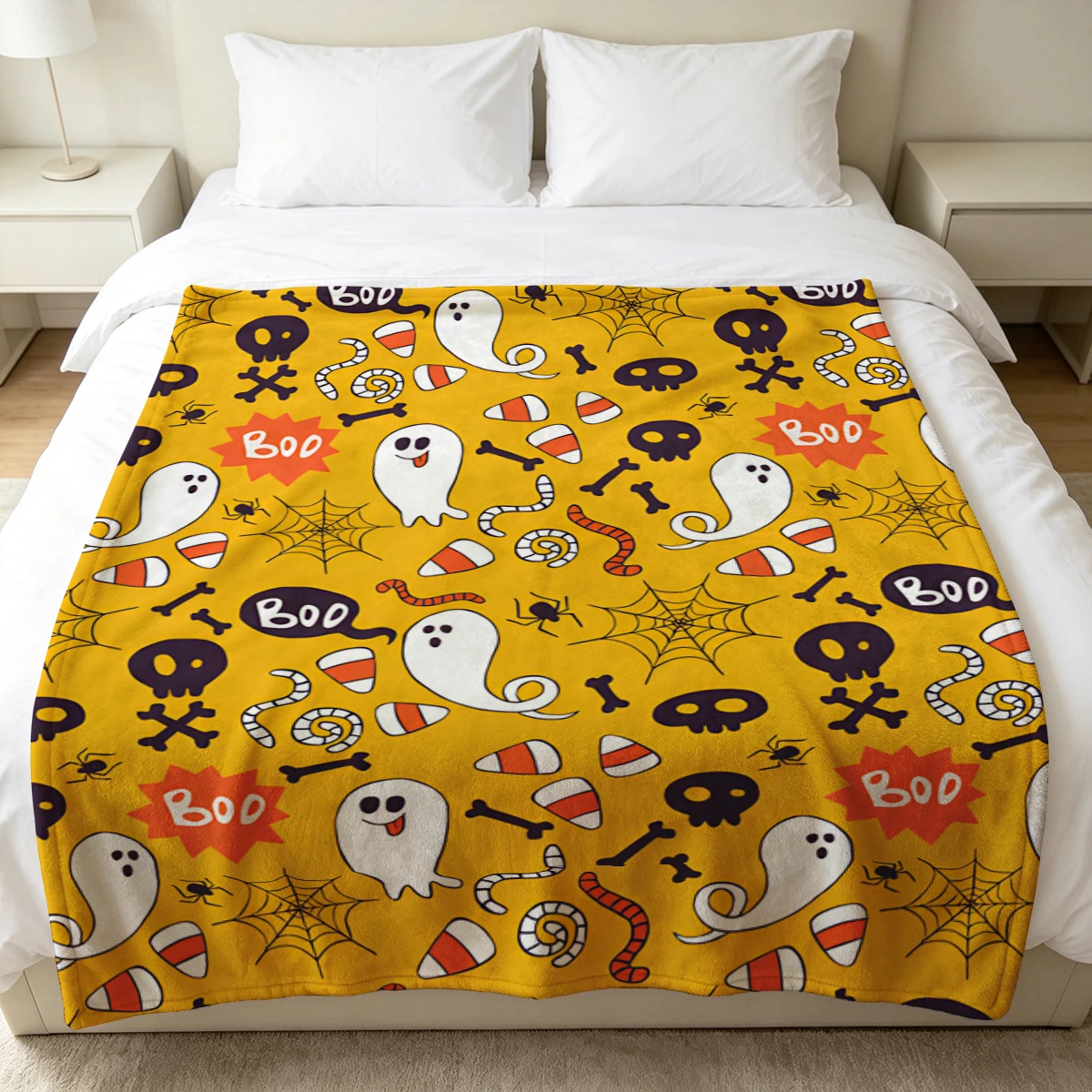 Yellow Candy Corn Ghosts Flannel Blanket Warm Soft Halloween Christmas Decorative Couch Warm Cozy All-Season Gift