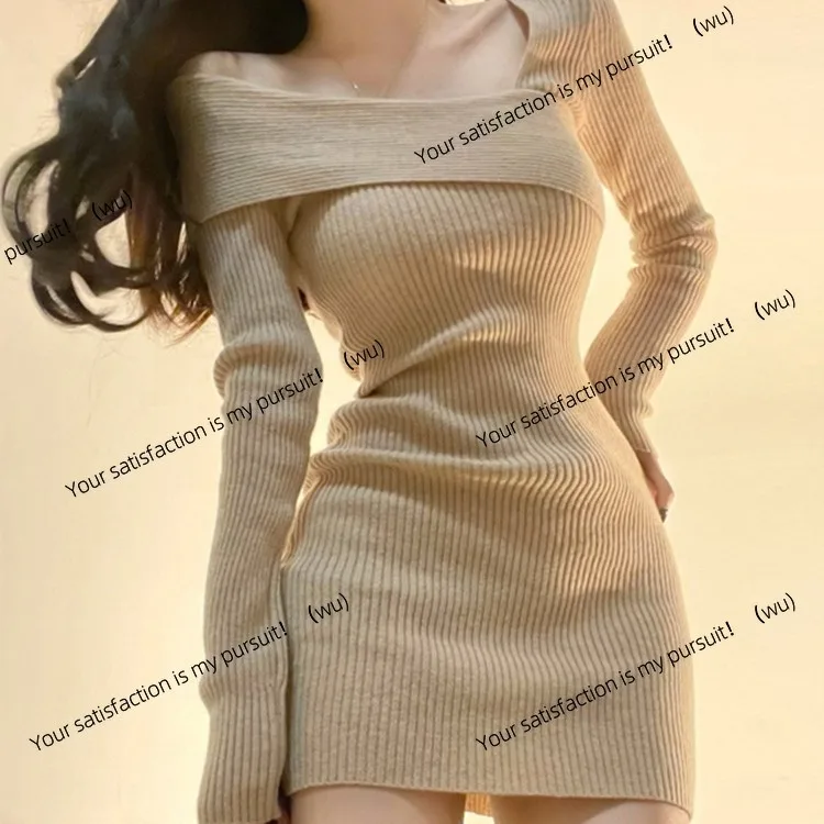 เสื้อสเวตเตอร์ไหมพรมแขนยาวทรงเข้ารูป คอเฉียง ดีไซน์กระโปรงสั้น สไตล์สาวเปรี้ยว สำหรับฤดูใบไม้ผลิและฤดูใบไม้ร่วง