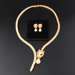 Europe America Fashion Style Women Lady Plated Gold Color Green Eyes Full Cubic Zircon Leopard Dinner Necklace Earrings