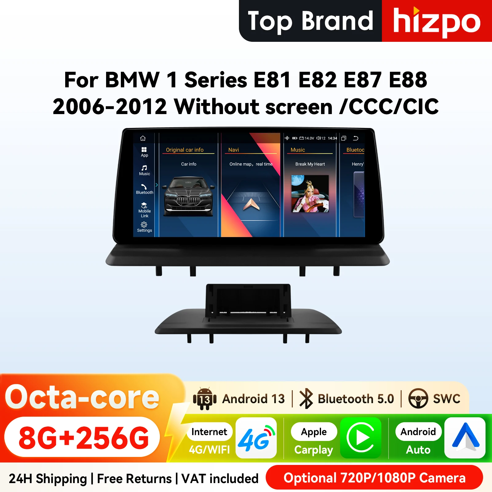 Autoradio Android Hizpo 10,25 pouces pour BMW Série 1 E81 E82 E87 E88 2006-2012 CCC CIC avec CarPlay intégré, Android Auto, 4G, WiFi, GPS, navigation, stéréo BT