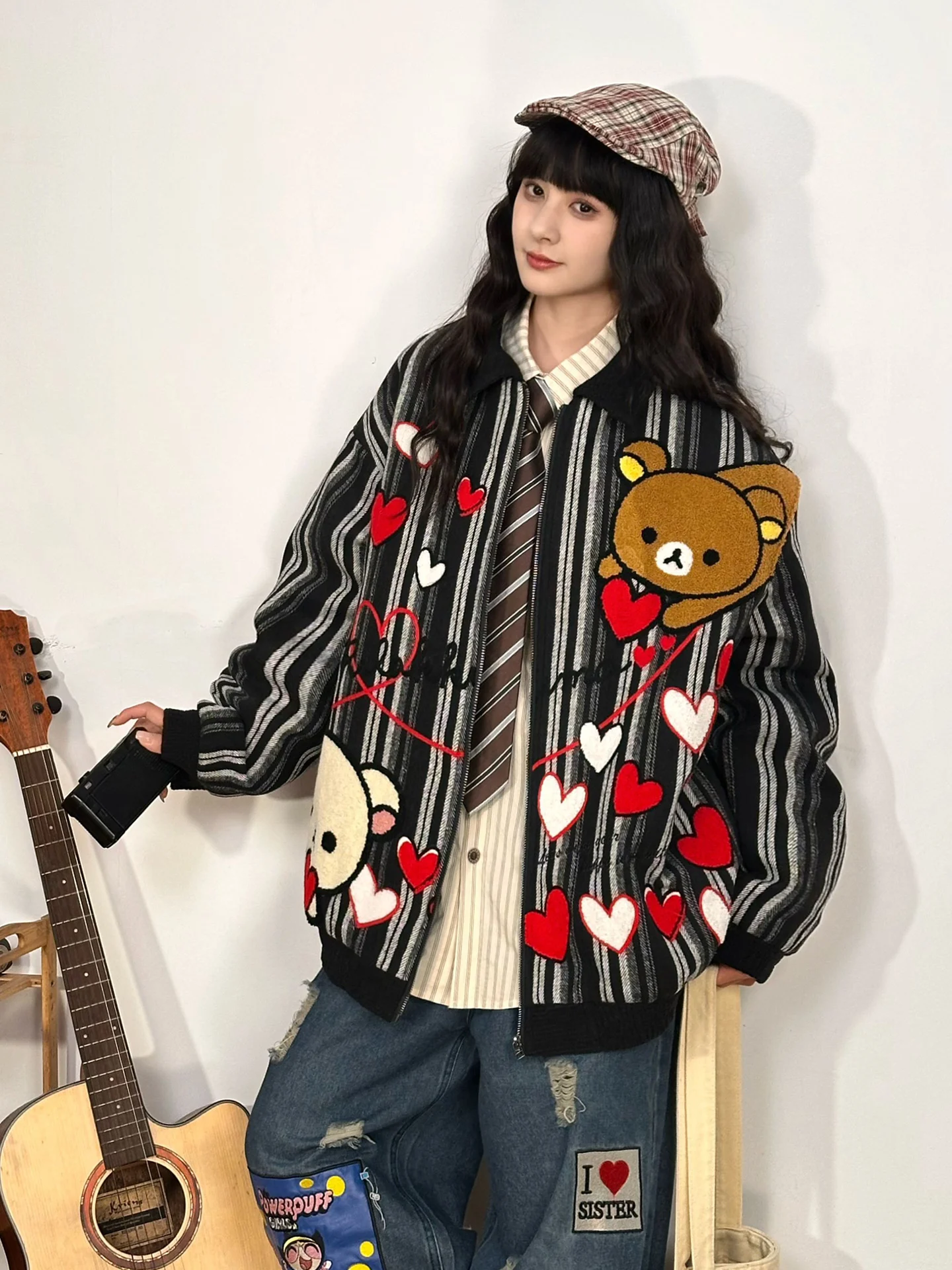 

Утепленная повседневная хлопковая куртка с принтом «Мишка и полоски» для женщин, осенне-зимняя, уличный стиль, свободный крой, на молнии, с длинными рукавами