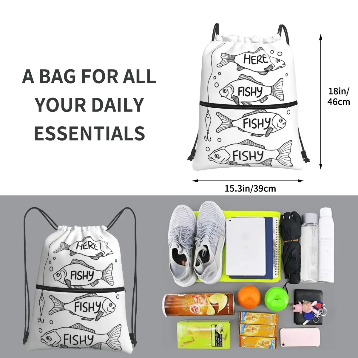 Here Fishy Fishy Fishy Portable Backpacks Drawstring Bag Casual Drawstring Bundle Pocket Book Bags For Travel Sport Man Woman