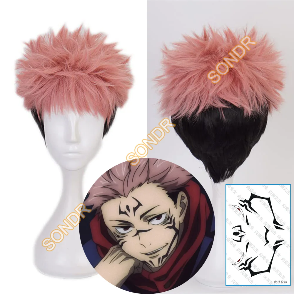 Anime Jujutsu Itadori Yuji Cosplay Pruik Roze-zwart Kort Haar Gezicht Tattoo Mannen Halloween Party Rollenspel Accessoires Synthetische Pruik