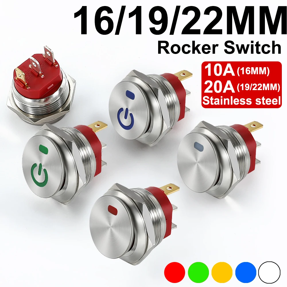 

16/19/22MM Metal Button Rocker Switch Stainless Steel 12V 20A Self-locking Two Positions Car Toggle Switches ON-OFF 220V 15A