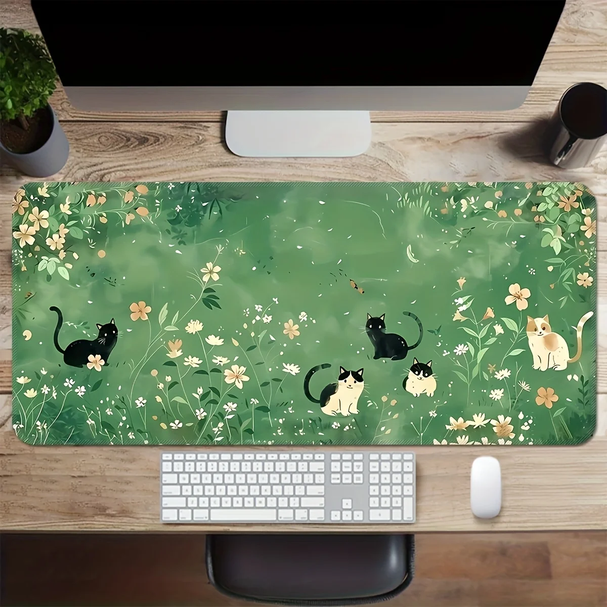 Extra großes Gaming-Mauspad mit grüner Katze und Blumenmuster – verdickte rutschfeste Gummibasis, präzises Nahtdesign, waschbares Su